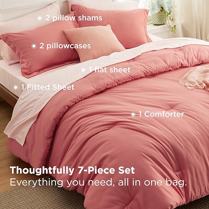 Bedsure Queen Comforter Set - 7 Pieces Coral Queen Bedding Set for All Seasons, Boho Contrasting Design Bed in a Bag with Comforter, Sheets, Pillowcases & Shams