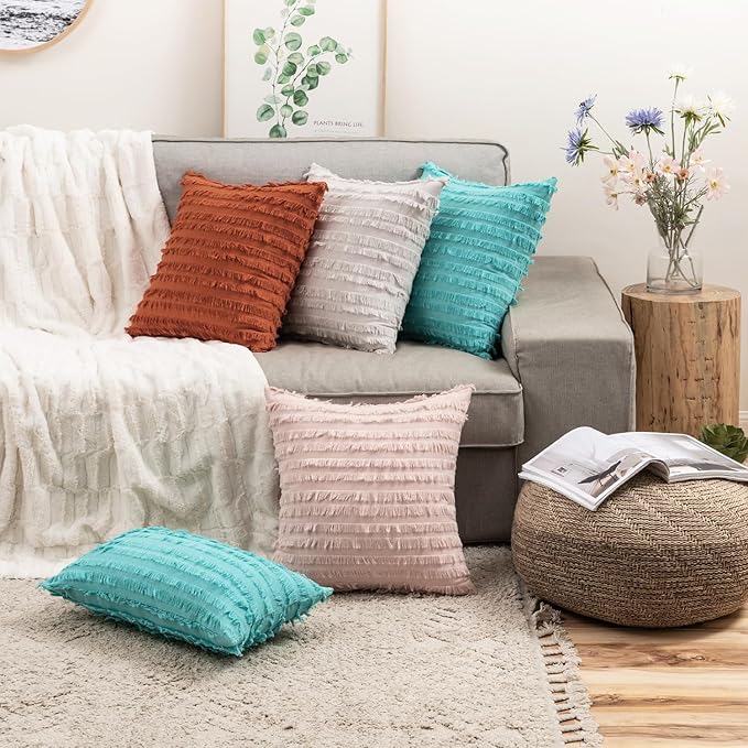 MIULEE Set of 2 Fall Decorative Boho Throw Pillow Covers Linen Striped Jacquard Pattern Cushion Covers for Sofa Couch Living Room Bedroom 18x18 Inch Rust