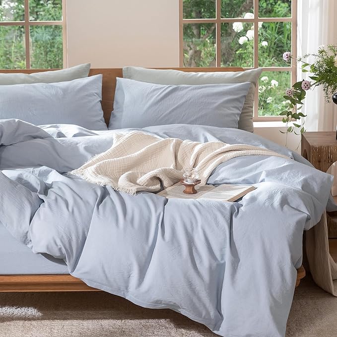MooMee Bedding Duvet Cover Set 100% Washed Cotton Linen Like Textured Breathable Durable Soft Comfy (Heathered Cornflower Blue, Cal King 104"x98")