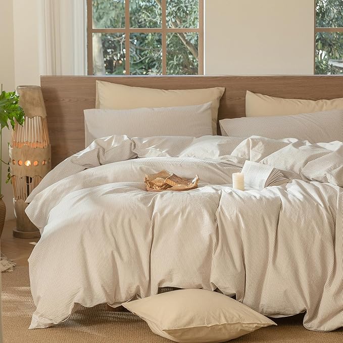 MooMee Striped Duvet Cover Set 100% Washed Cotton Linen Like Textured Breathable Durable Soft Comfy (Tannish Linen Grey White Pinstripes, Oversized Full 82"x86")
