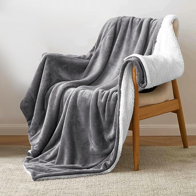 MOONLIGHT20015 Sherpa Fleece Twin Blanket - (Grey, 60X80 Inches) Warm and Fluffy Blankets for Winter - Reversible Thick and Cozy Twin Size Blankets for Bed, Camping and Travel