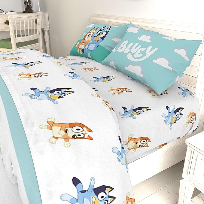Jay Franco Kids Sheet Set with Fitted, Flat Sheets & Pillow Cover - Ultra-Soft Bedding with Pillowcase for Room Decor, White - Bluey, 4 Piece Full