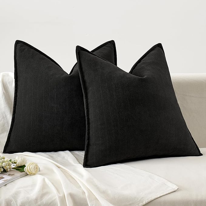 MIULEE Pack of 2 Black Decorative Pillow Covers 20x20 Inch Soft Chenille Luxurious Couch Throw Pillows Farmhouse Cushion Covers with Elegant Design for Sofa Bedroom Living Room Home Decor