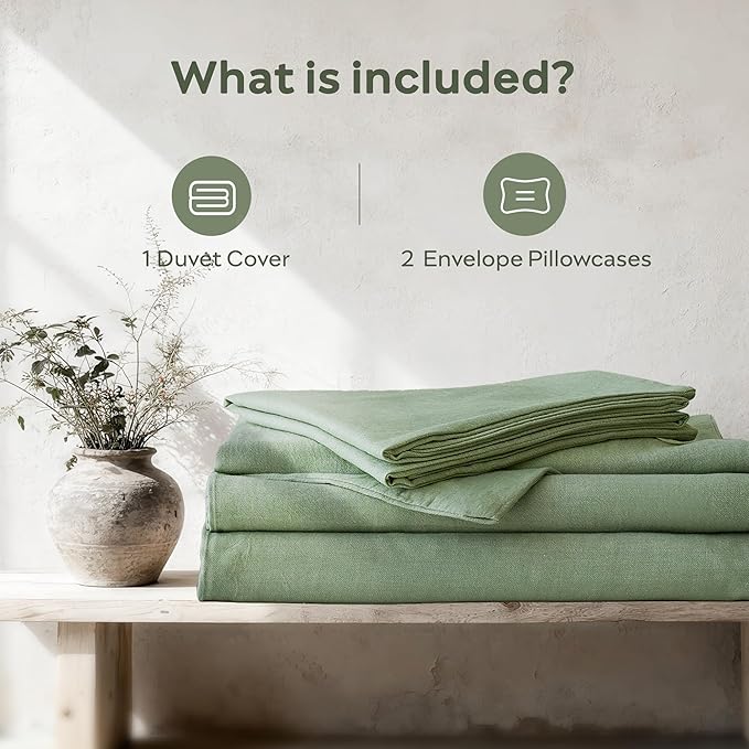 JELLYMONI Washed Cotton Duvet Cover Set King Size, Sage Green - Super Soft & Breathable Bedding Comforter Cover with Zipper, for Modern Home, Guest Room, and Everyday Use,1 Duvet Cover & 2 Pillowcases