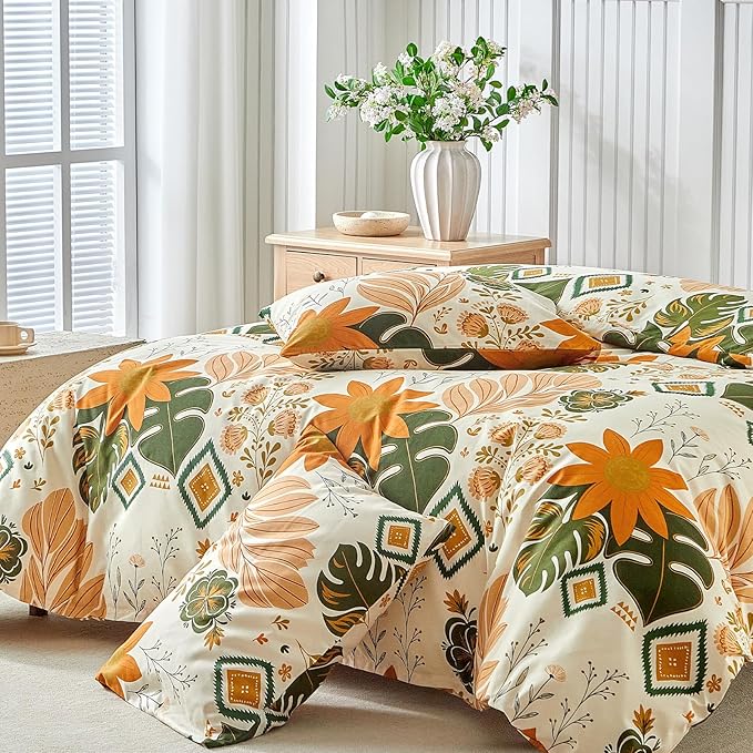 Lekesky Queen Size Reversible Duvet Cover, Duvet Cover Queen Size 3 Piece Baroque Microfiber Botanical Bedding Set with Zipper Closure 8 Corner Ties