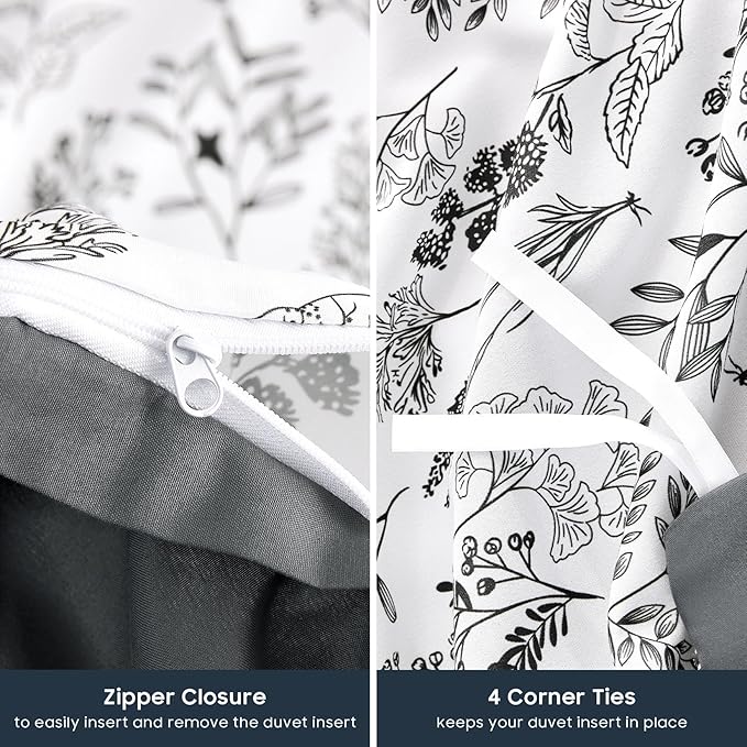Wake In Cloud - Floral Duvet Cover Set, Botanical Vintage Flower Coquette Cottagecore Aesthetic for Women Teen Girls, Soft Lightweight Bedding, 3-Piece, Charcoal, Full Size