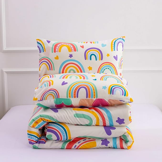Btargot 3 Piece Kids Rainbow Comforter Set with 2 Pillow Covers, Cartoon Love Hearts Suns and Stars Bedding Set for Girls Boys, Full Beige