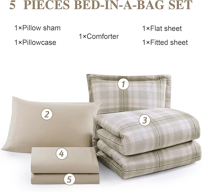 Twin XL Comforter Set, Khaki Green Plaid Bedding Set 5 Piece for Boys Girls Teen, Classic Homestead-Style Kids Comforter Set Bed in A Bag with Sheets, Pillowcase & Sham