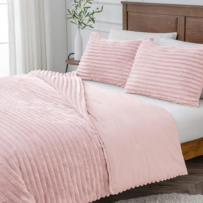BEDELITE Fleece Queen Comforter Set -Super Soft & Warm Fluffy Pink Bedding, Luxury Fuzzy Heavy Bed Set for Winter with 2 Pillow Cases