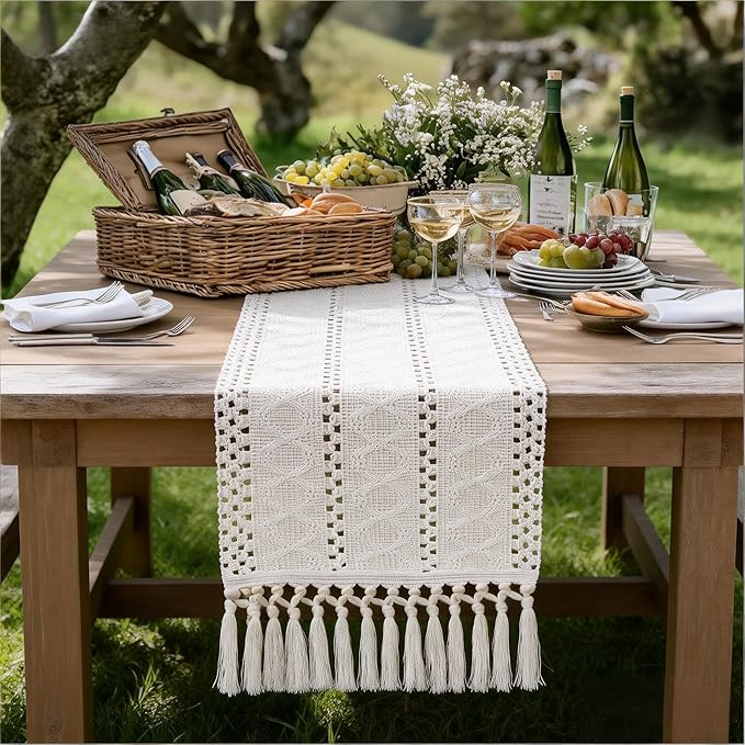 Socomi Boho Table Runner Easter Spring Farmhouse Rustic Dining Kitchen Centerpiece Decor Small Macrame Woven Cotton Linen Coffee Table Runner for Dresser Scarf Home Decor 12x48 inch Cream Ivory