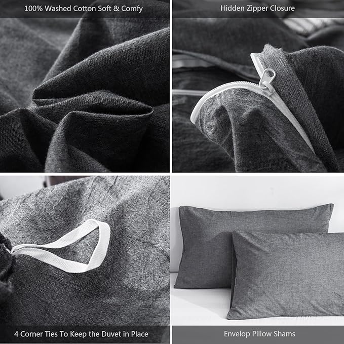 MooMee Bedding Duvet Cover Set 100% Washed Cotton Linen Like Textured Breathable Durable Soft Comfy (Heathered Dark Grey, Alaska King 132"x120")