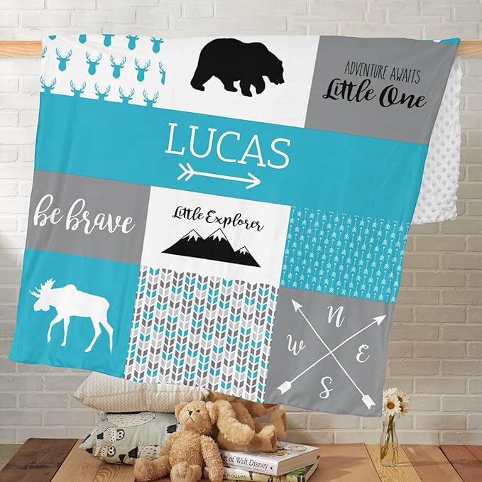 Customzed Baby Blanket for Boys Super Soft Double Layer with Dotted Backing, Monogrammed Receiving Blanket with Cute Woodland Multicolor Printed Blanket, Teal, 40 x 50 Inch