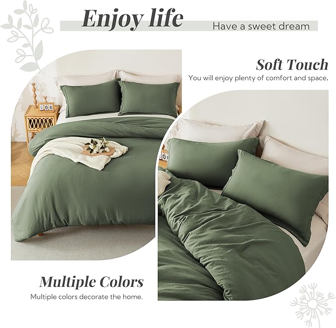 MILDLY Super Soft Duvet Cover - 100% Washed Microfiber Olive Green Comforter Cover Set 3 Pieces with Zipper Closure & Corner Ties (No Comforter)