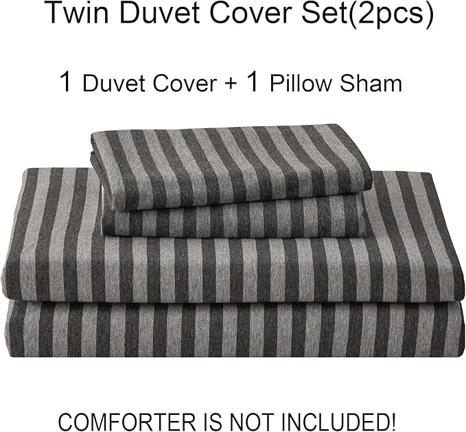 PURE ERA Jersey Knit Duvet Cover Set 100% T-Shirt Heather Cotton Super Soft Comfy Classic Striped Design, with Zipper Closure, Charcoal Dark Grey Stripe, Twin