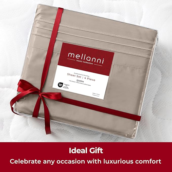Mellanni Split King Sheets Set - 5 PC Iconic Collection Bedding - Hotel Luxury, Extra Soft, Cooling Bed Sheets - Wrinkle, Fade, Stain Resistant (Split King, Tan)
