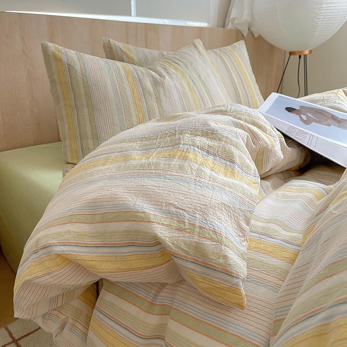 Yellow Striped Duvet Cover Twin, 100% Washed Cotton Colorful Stripes Pattern Printed Bedding Set, 3 Pieces Soft Breathable Comforter Cover with Zipper Closure, Retro Striped Farmhouse Bedding Set