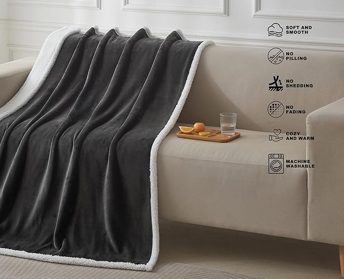 Black Sherpa Fleece Throw Blanket, Super Soft Fuzzy Flannel Blanket for Couch, Thick Warm Reversible Plush Blankets, Oeko-TEX Certified, Valentine’s Day Gifts, Black 50x60 Inches