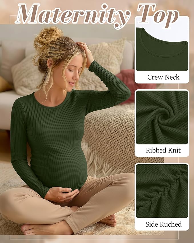 Huukeay 4 Pack Women's Maternity Shirts, Long Sleeve Cotton Ribbed Pregnancy Tops Side Ruched Crew Neck Casual Mama Clothes