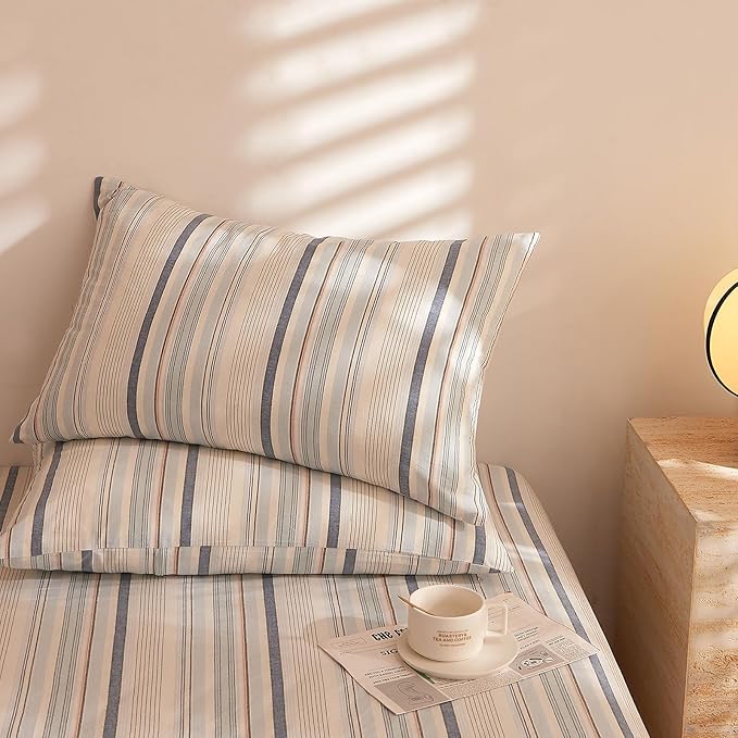 Blue Striped Duvet Cover Set Full, 100% Washed Cotton Stripes Pattern Printed Bedding Set, 3 Pieces Blue White Striped Comforter Cover with 2 Pillowcases, Minimalist Soft Breathable Duvet Cover Full