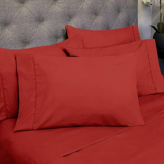 Queen Sheets Red - 6 Piece 1500 Supreme Collection Fine Brushed Microfiber Deep Pocket Queen Sheet Set Bedding - 2 Extra Pillow Cases, Great Value, Queen, Samba Red