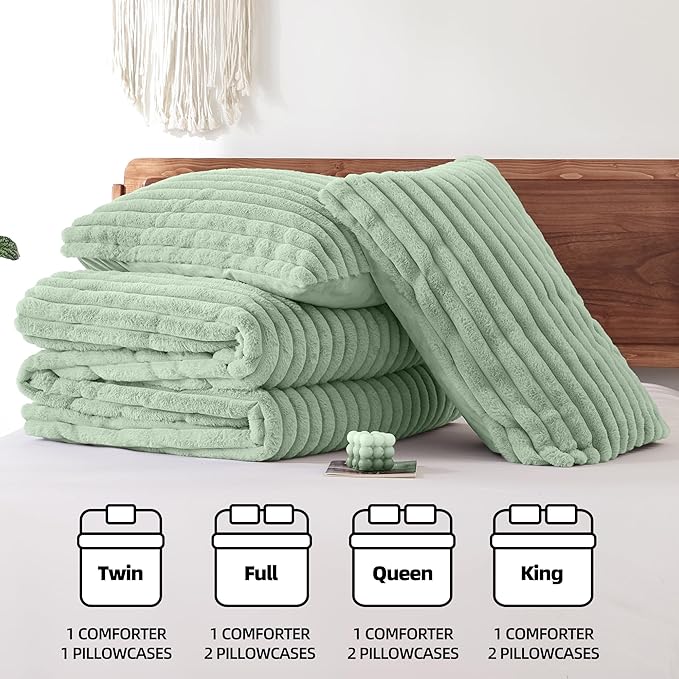 Smoofy Fluffy King Size Comforter Set 3 Pieces - Sage Green Fleece Fluffy Comforter Set, Luxury Fuzzy King Bedding Set, Soft King Bed Set All Season, Heavy Faux Fur Comforter with 2 Pillow Cases