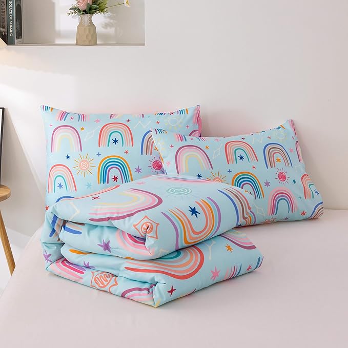Btargot Lightweight Soft 3 Piece Rainbow Comforter Set with 2 Pillow Covers, Cartoon Love Hearts Suns and Stars Bedding Set for Girls Boys Kids, Full Light Blue