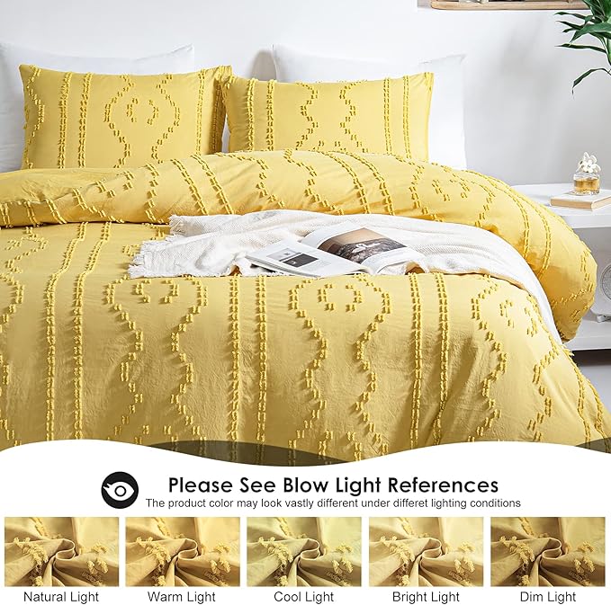 WARMDERN Boho Duvet Cover Set, Tufted Bedding Duvet Covers Soft Washed Microfiber Duvet Cover King Size, 3 Pieces Embroidery Shabby Chic Duvet Cover with Zipper Closure(Yellow, King)