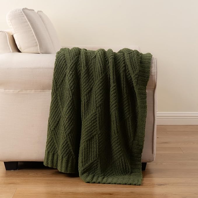 Battilo Olive Green Diamond Knit Throw Blanket for Couch and Bed, Soft Textured Chenille Blanket, Cozy Lightweight Decorative Blanket for Sofa, 50"x60"