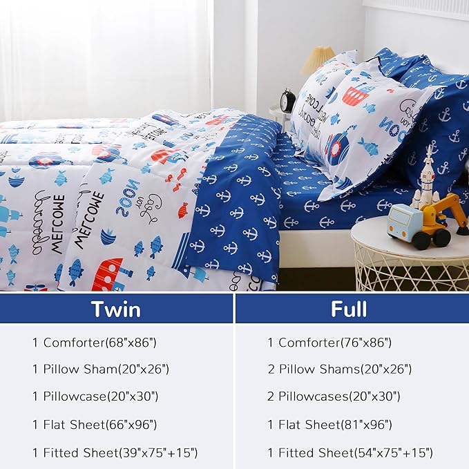 Viviland Kids Full Bedding Sets for Boys, Soft Full Comforter Set with Sheets, 7 Pieces Microfiber Bed in a Bag, Nautical Sea Ship