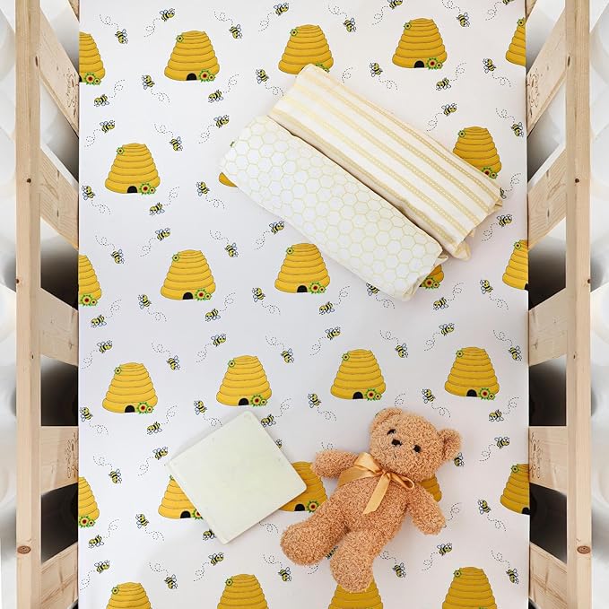 Peryiter 4 Pack Crib Sheets Girl Soft Baby Bed Sheet Set 52'' x 28" Nursery Crib Sheets for Standard Bed for Nursery Decor Baby Boys or Girls(Yellow,Bee)