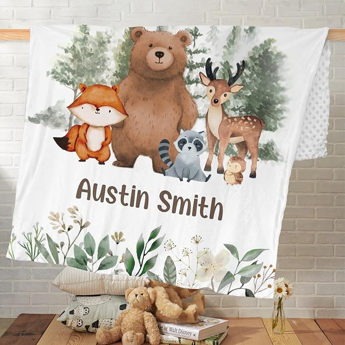 Personalized Baby Blankets for Boys Girls, Baby Blanket for Boys with Name, Soft Plush Receiving for Newborns, Little One- Animals Woodland 35x45 Inches