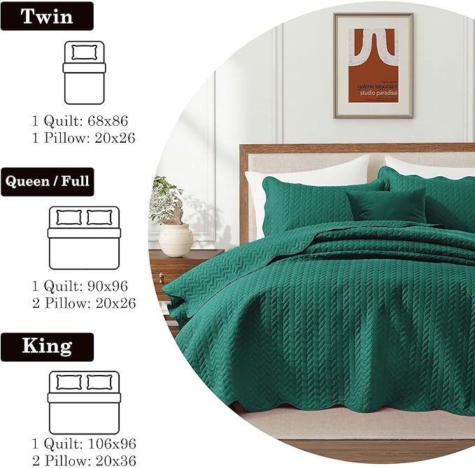 IR Imperial Rooms Twin Quilt Bedding Set Size (68” x 86”) + 1 Pillow Shams (20” x 26” + 2”) - 2 Pcs All Season Lightweight Reversible Microfiber Coverlet Embossed Quilt Bedspread (Emerald)