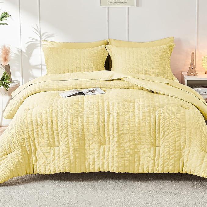 HYMOKEGE Yellow Queen Comforter Set Seersucker 7 Pieces, All Season Luxury Bed in a Bag Queen for Bedroom, Bedding Set with Comforter, Sheets, Pillowcases & Shams
