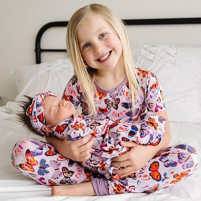 Little Sleepies Swaddle & Headband Bow Set, Viscose from Bamboo Baby Swaddles, Newborn Baby Girl Clothes (Butterfly Kisses)