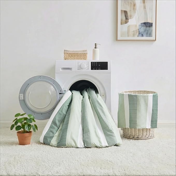 Queen Size Modern Striped Comforter Set, Lightweight Soft Microfiber Bedding Sets for All Season 7 Pieces Bed in A Bag Set with Comforter, Sheets, Pillowcases & Shams, Sage Green