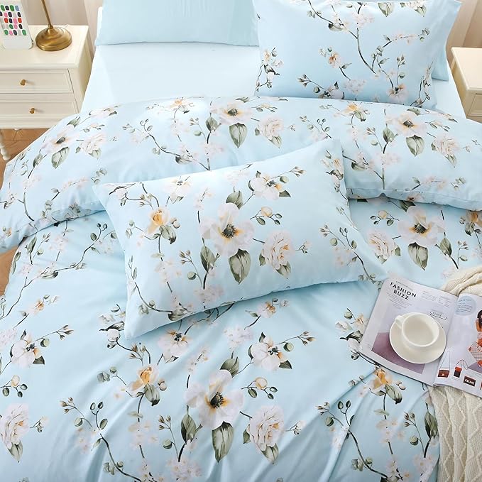 MUXHOMO Ceiba Blue Full Comforter Set, Elegant Floral Print Bed in a Bag 7 Pieces, Ultra Soft & Breathable Reversible Botanical Pattern Bedding Set with Comforter, Sheets, Pillowcases, and Shams