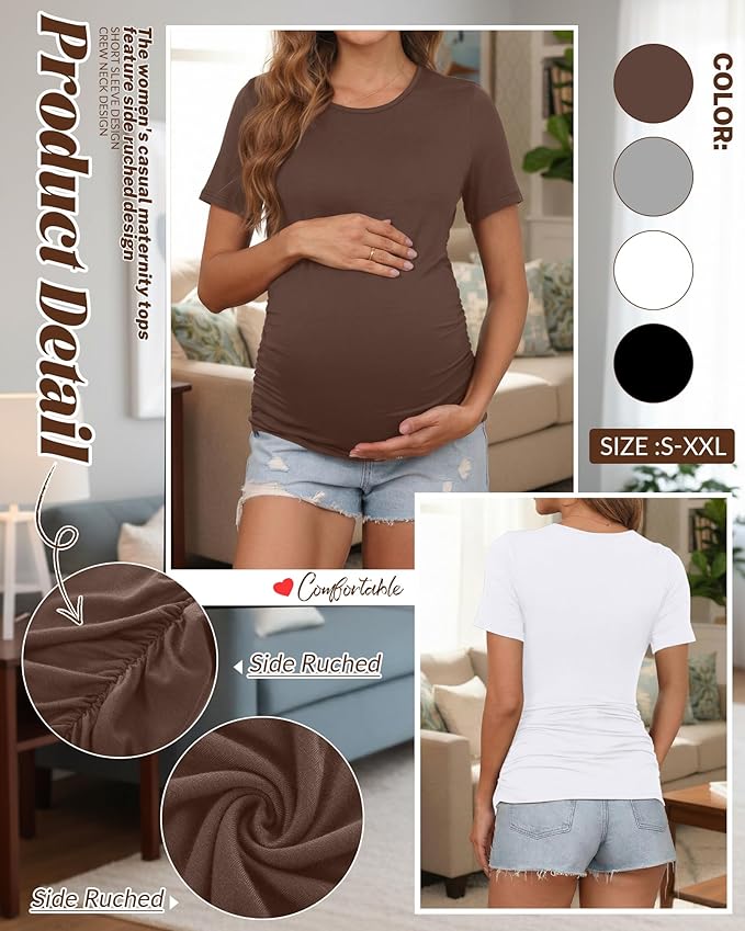 Huukeay 4 Pack Women's Maternity Shirts, Crew Neck Maternity Top Short Sleeve Casual Cotton Tee Side Ruched Pregnancy Clothes