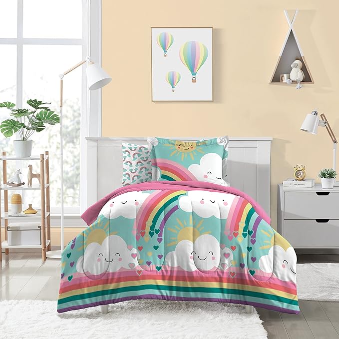 Dream Factory Kids 7-Piece Complete Bed Set Easy-Wash Super Soft Microfiber Comforter Bedding, Full, Teal Rainbow Flare, (2D872502TE)