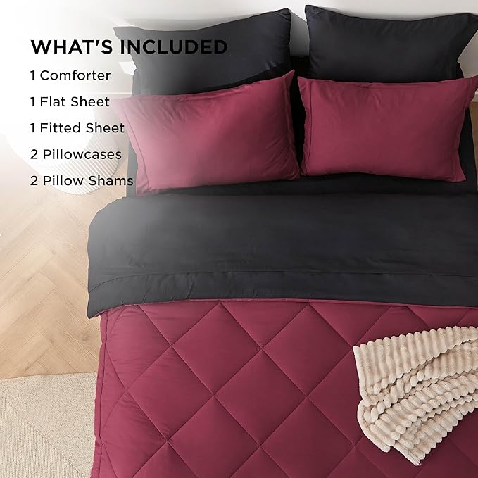 Bedsure King Size Comforter Set - 7 Pieces Reversible Burgundy and Black Bedding, King Size Bed Set for All Seasons, Bed in a Bag with Down Alternative Comforter, Sheets, Pillowcases & Shams