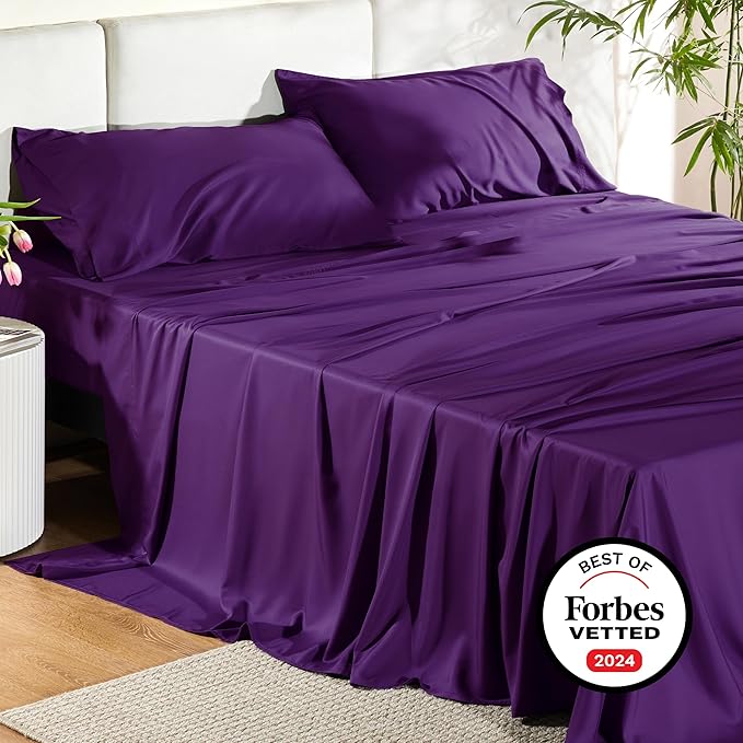 Bedsure California King Sheet Sets, Cooling Sheets for Hot Sleepers, Rayon Derived from Bamboo, Breathable & Soft, Deep Pocket Up to 16 Inches, Hotel Luxury Silky Bedding, Plum
