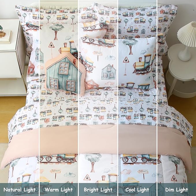 Mooreeke Kids Twin Comforter Sets for Boys 6 Pieces Train Bedding Set for Teens Microfiber Country Train Town Kids Bed in A Bag with Comforter, Sheet Set, Shams and Decorative Toy Pillow All Season