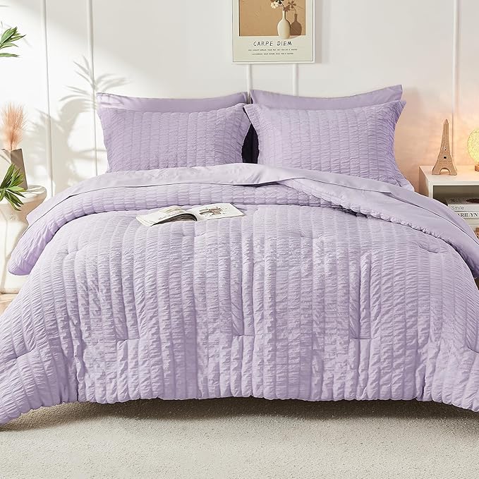 HYMOKEGE Lavender California King Comforter Set Seersucker 7 Pieces, All Season Luxury Bed in a Bag for Bedroom, Bedding Set with Comforters, Sheets, Pillowcases & Shams