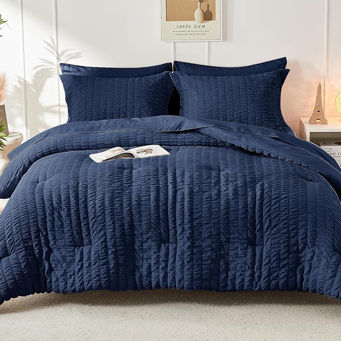 HYMOKEGE Navy Blue Oversized King Comforter Set Seersucker 7 Pieces, All Season Luxury Bed in a Bag for Bedroom, Bedding Set with Comforter, Sheets, Pillowcases & Shams