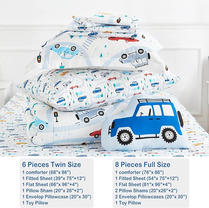 Mooreeke Bed in a Bag for Kids Boys Teens, 8 Pieces Full Size Comforter Bed Set with Shams, Sheet Set and Decorative Toy Pillow, Cars White Super Soft Microfiber Kids Comforter Bedding Set