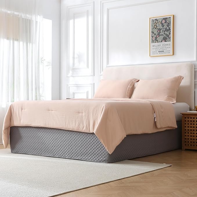 Full Size Gray Bed Skirt with 14-Inch Drop, Easy Fit Wrap-Around Cover for Bed, Wrinkle-Free and Fade-Resistant Box Spring Cover. (Gray Grid, Full)