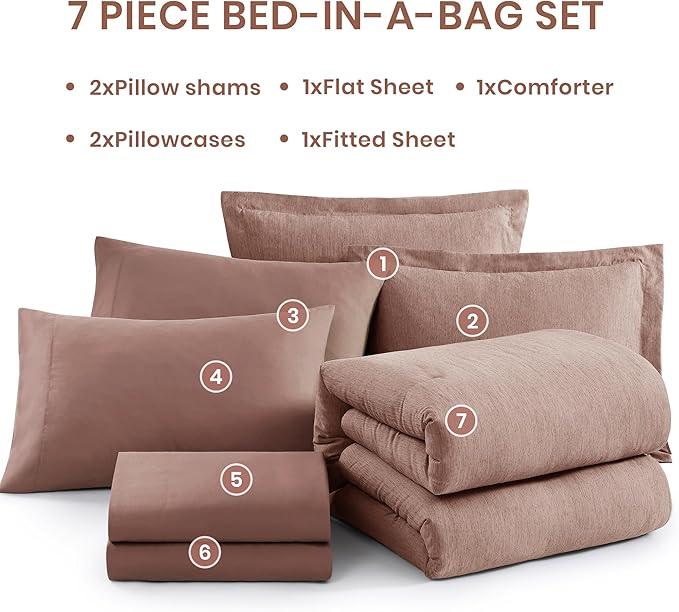 Monbix Full Size Comforter Set-7 Pieces Dusty Pink Cationic Dyeing Bed in a Bag Full Bedding Sets with Comforter, Sheets, Pillowcases & Shams, All Season Reversible Bedding Comforters