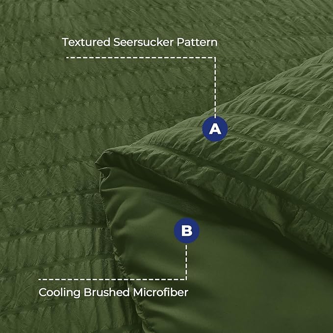 HYMOKEGE Olive Green Duvet Cover Queen Size, Ultra Soft 3-Piece Seersucker Duvet Cover Set with Zipper Closure, Soft Brushed Microfiber Bedding Set with 8 Corner Ties (90"x90", 2 Pillowshams)