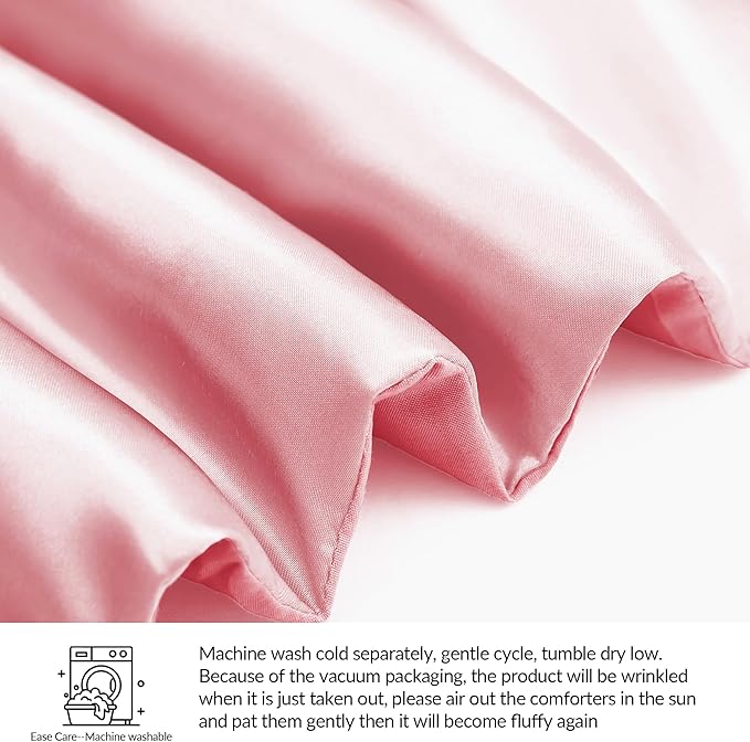 Whale Flotilla 3-Piece Reversible Silky Soft Queen Comforter Bedding Set, Luxurious Satin Comforters Full Size with 2 Satin Pillowcases, Lightweight Duvet for All Seasons, Pink
