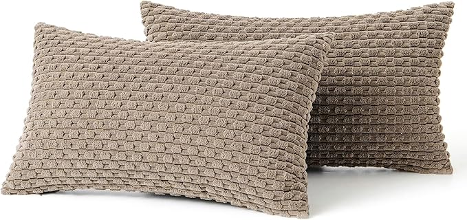 MIULEE Pack of 2 Decorative Lumbar Throw Pillow Covers 12x20 Inch Soft Boho Striped Textured Corduroy Pillow Covers Modern Farmhouse Home Decor for Couch Bed Sofa Living Room Neutral Light Brown
