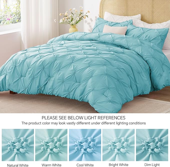 BEDELITE Macaron Blue Queen Comforter Set - 3 Pieces Boho Pintuck Bedding Comforter Sets, Lightweight Soft & Warm Bed Comforter Queen with 2 Pillowcases for All Season